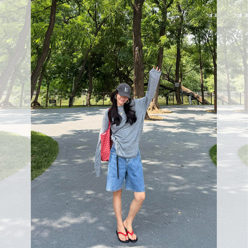 慵懒风防晒T恤牛仔五分裤套装女