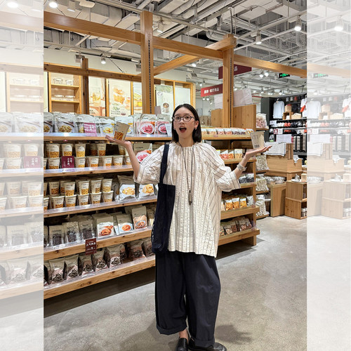 日系肌理条纹衬衫棉麻阔腿裤套装