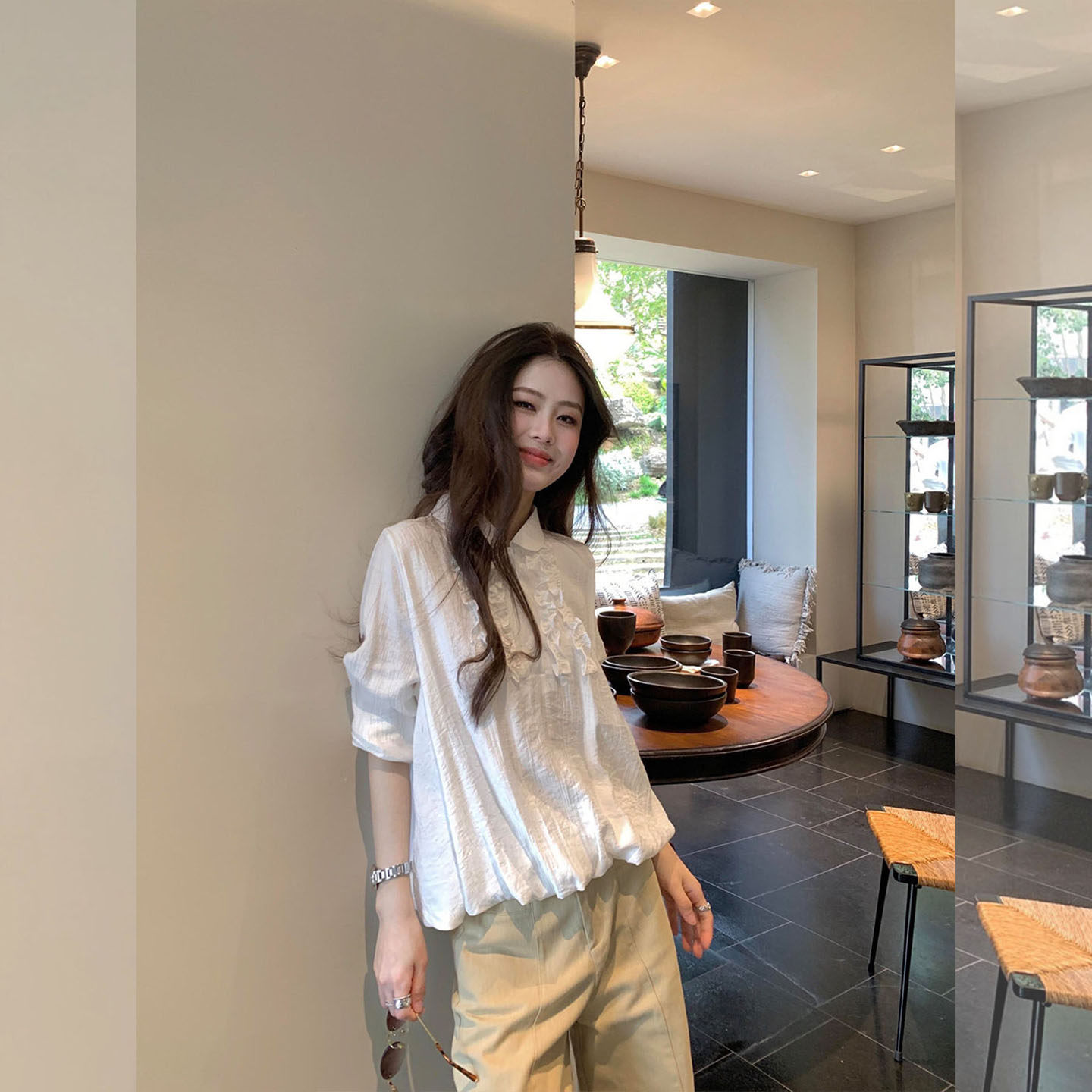 法式甜美风穿搭一整套女夏季松弛感木耳边白色衬衫高腰阔腿裤套装