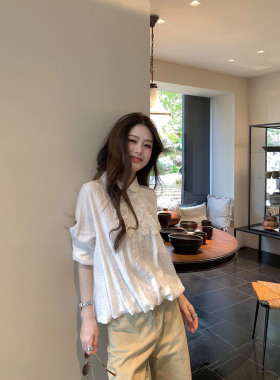 法式甜美风穿搭一整套女夏季松弛感木耳边白色衬衫高腰阔腿裤套装