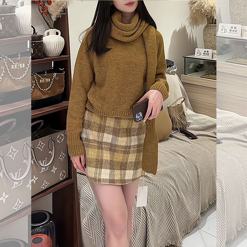 冬季高级巨好看驼棕色毛衣套装