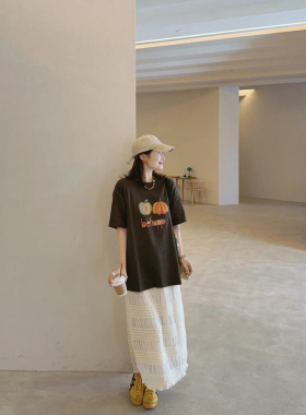 小个子显瘦韩系温柔风套装女夏南瓜印花T恤白色蕾丝半身裙两件套