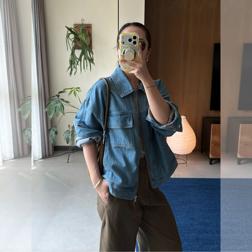 复古拉链牛仔外套咖色休闲裤套装