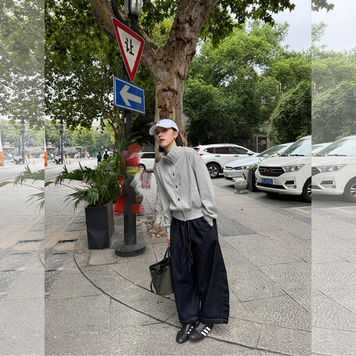 韩系单排扣卫衣阔腿牛仔裤套装女