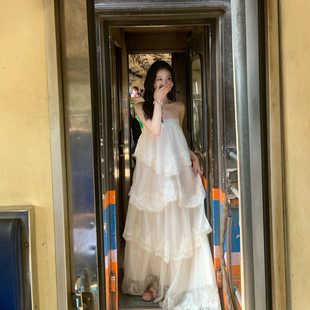 2026夏季 度假风旅游吊带长裙超仙绝美白色蛋糕裙蕾丝连衣裙女 法式