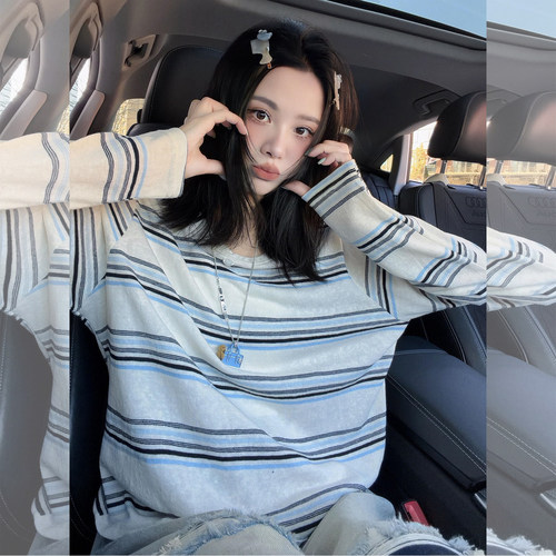 韩系巨好看的蓝白条纹长袖t恤女