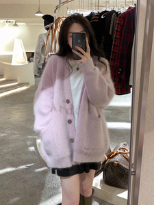 韩系穿搭高级感超好看宽松紫色毛衣外套女秋冬慵懒高级感针织开衫