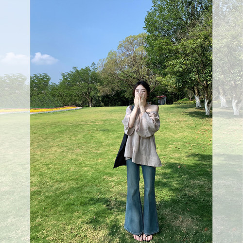 绝美一字肩上衣微喇牛仔裤套装女