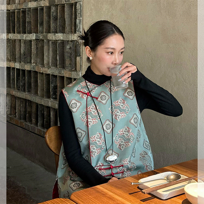 新中式国风绿色提花马甲女春季