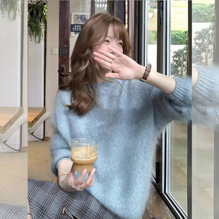 慵懒风毛茸茸圆领上衣女 新款 简约时尚 多巴胺减龄蓝色毛衣2026冬季
