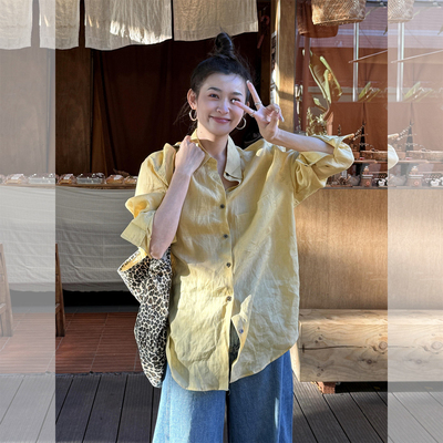 法式巨好看黄色防晒亚麻衬衫