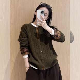 韩系高级感拼接绿色毛衣外套女2026年春季 子麻花针织上衣 慵懒风格