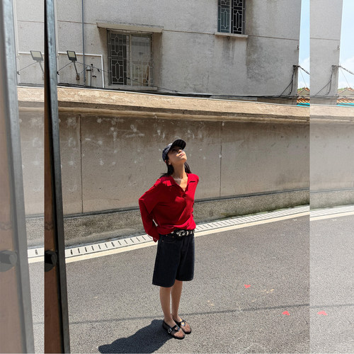 复古翻领针织上衣牛仔五分裤套装