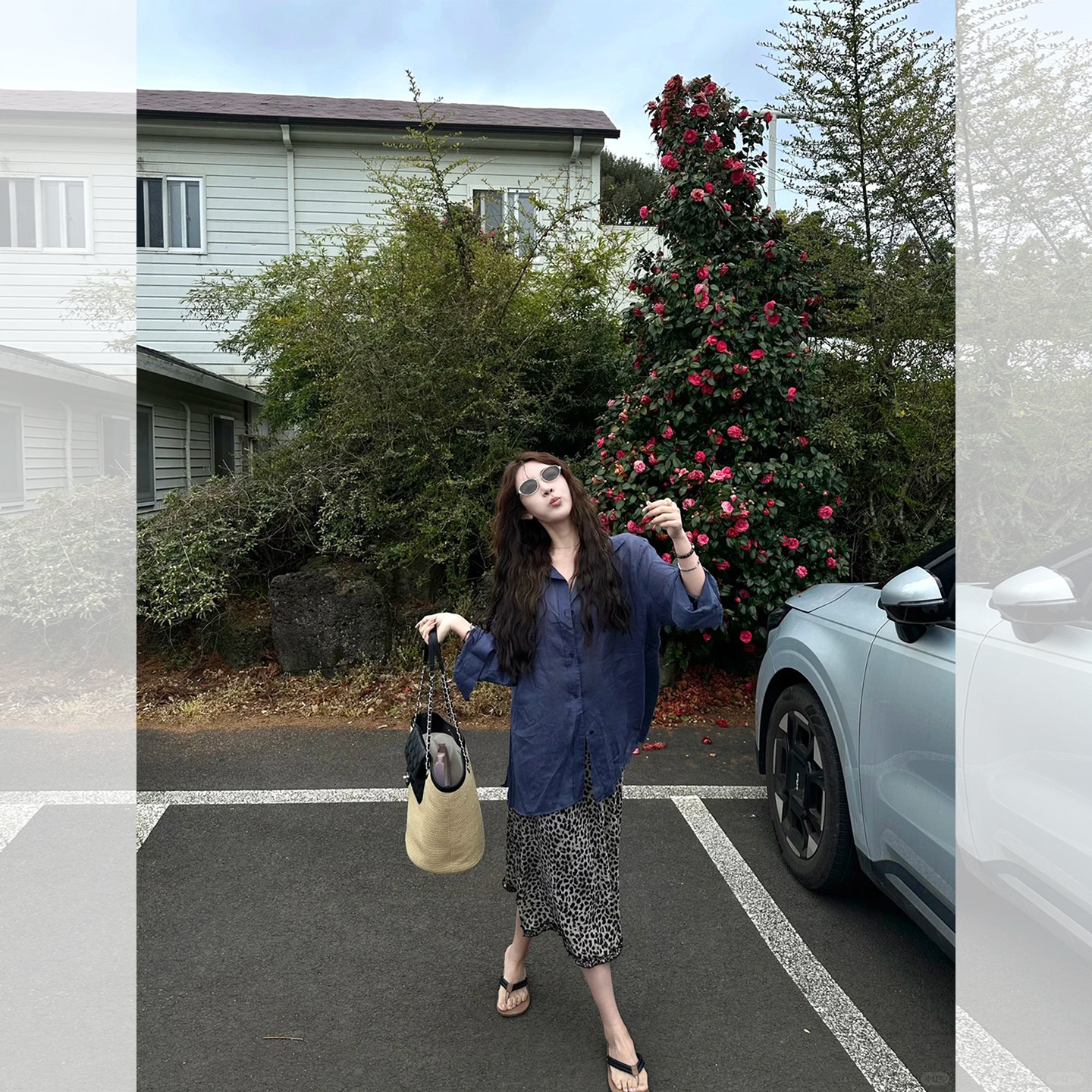 法式慵懒度假风套装女2026夏季蓝色亚麻防晒衬衫豹纹半身裙两件套