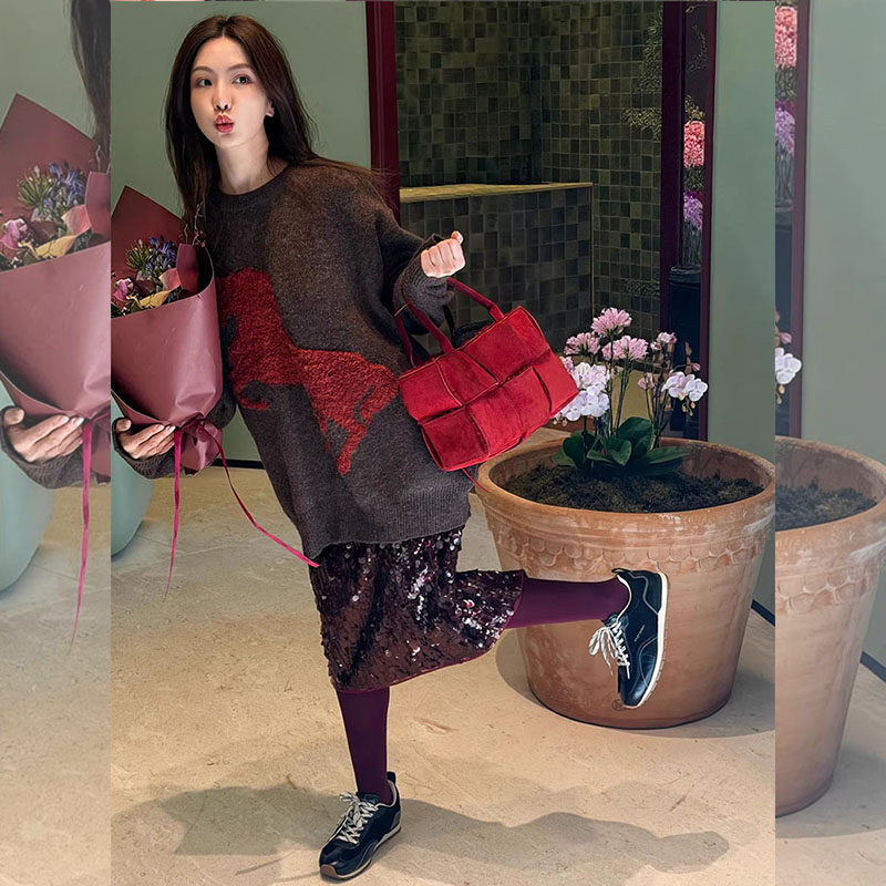 韩式搭配高级感超火一整套2026春季小马提花毛衣亮片半身裙套装女,女装/女士精品,大码套装,淘宝优惠券,粉丝福利购,淘宝优惠卷