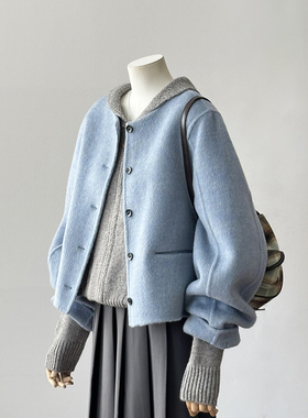 小个子穿搭一整套韩系慵懒风高级感蓝色毛呢外套针织衫套装女秋冬