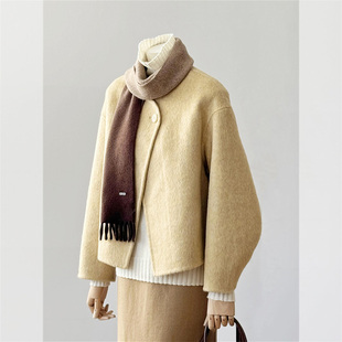 黄色短款毛呢外套女2025秋冬新款小个子韩系慵懒风气质高级感大衣