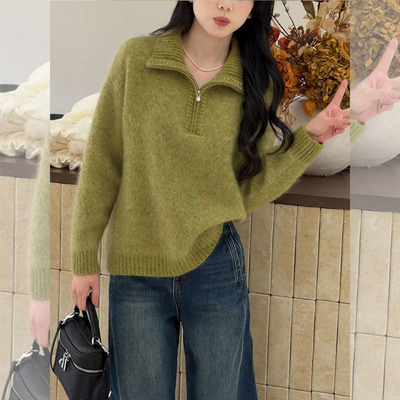 冬季新款超好看绿色半拉链针织杉