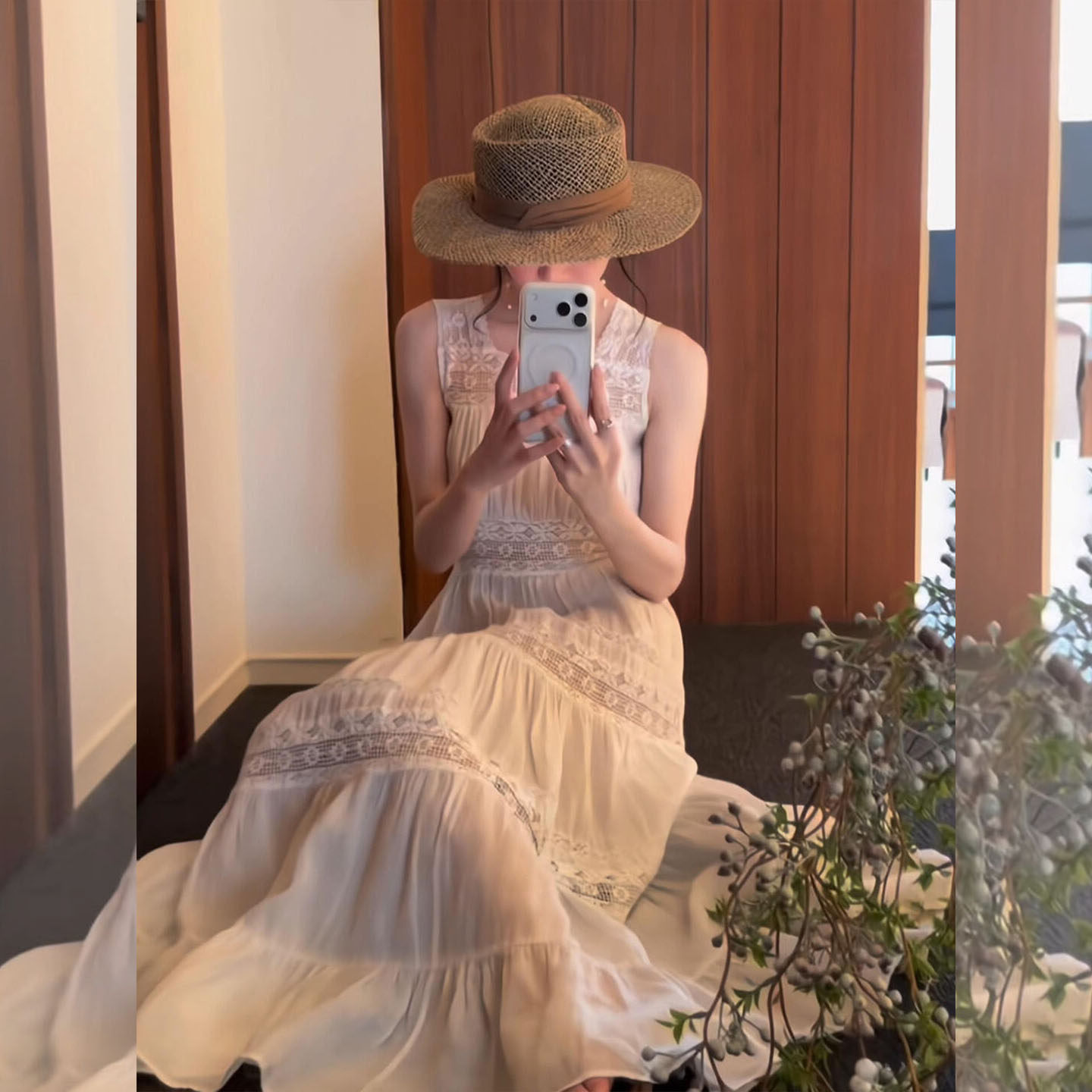 法式时尚独特漂亮掐腰长裙女夏季度假风白色蕾丝方领背心连衣裙子