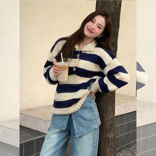 搭配大码 韩式 显瘦毛衣外套 女2026年冬季 学院风条纹polo领针织开衫