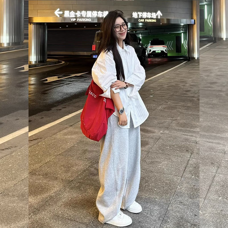 韩系ootd穿搭一整套2026年春季松弛感白色条纹衬衫阔腿卫裤套装女,女装/女士精品,大码套装,淘宝优惠券,粉丝福利购,淘宝优惠卷