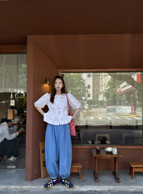 韩系少女感蝴蝶结泡泡袖白色衬衫高腰气球裤套装女夏季减龄两件套