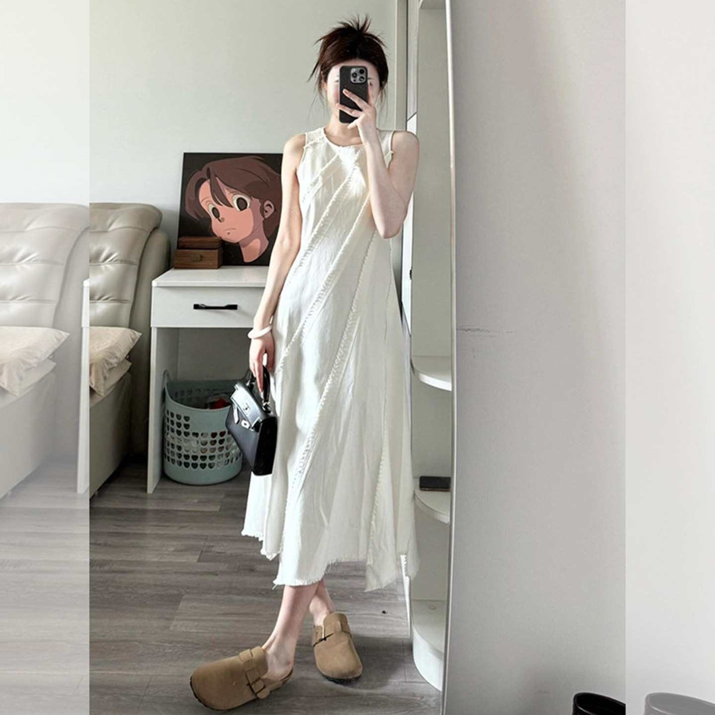 夏季设计感不规则毛边流苏裙子法式独特巨好看白色背心连衣裙女士