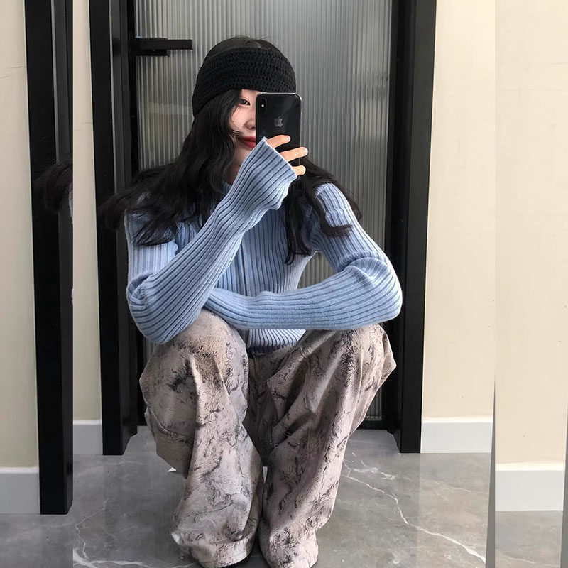 2026春季蓝色坑条针织开衫女温柔风拉链长袖上衣高腰阔腿长裤套装,女装/女士精品,大码套装,淘宝优惠券,粉丝福利购,淘宝优惠卷