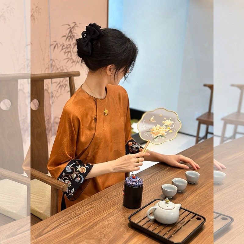 新中式国风宽松气质七分袖唐装上衣2026春季巨好看橙色提花衬衫女