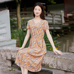 V领碎花短袖 新款 夏季 女装 大摆裙人造棉收腰外穿大摆裙 棉绸连衣裙
