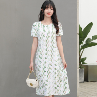 印花大摆裙气质优雅圆领高腰显瘦中长裙子 棉绸连衣裙短袖 女装 夏季