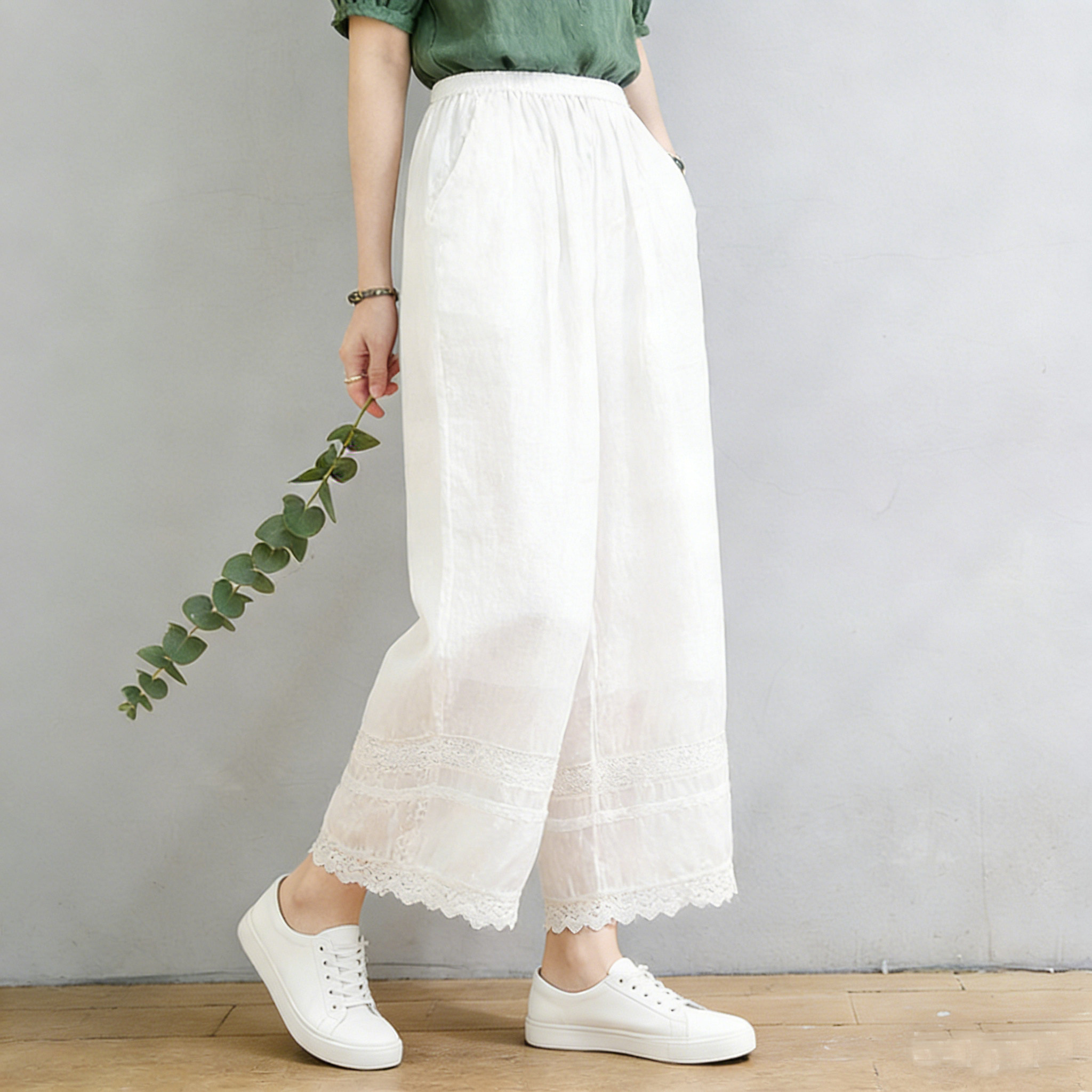 拾光麻衣2026春夏新品100支纯苎麻花边拼接松紧腰宽松八分阔腿裤