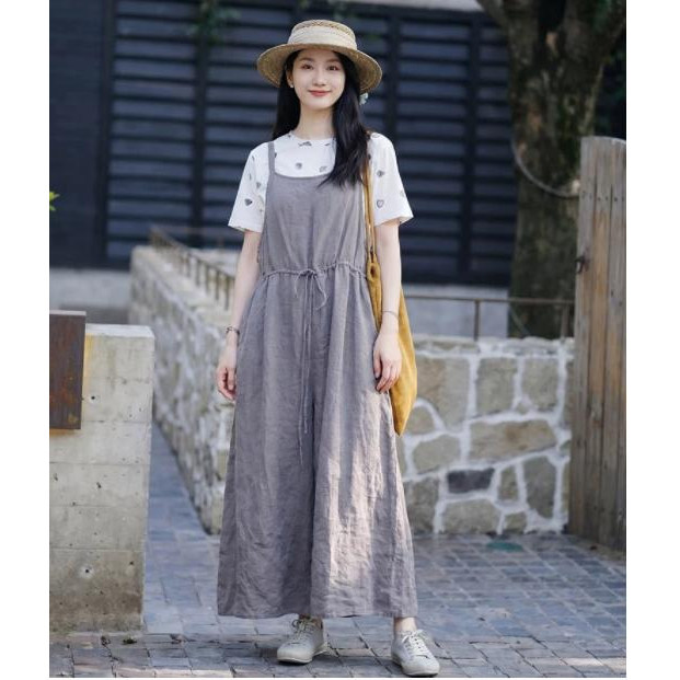 壹旧2026夏款晚风灰亚麻舒适自在日常通勤高腰休闲背带裙女