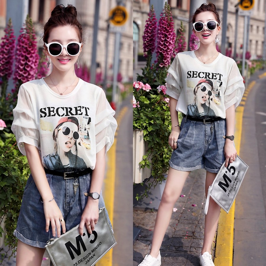Summer wear new pattern Korean Edition fashion Show thin full marks Sleeve printing Chiffon shirt T-shirt Short sleeved jacket Base coat Female modelsin the Women's clothing/Boutique , T-shirt  category - from Buy2taobao.com to provide professional Taobao agent buy service