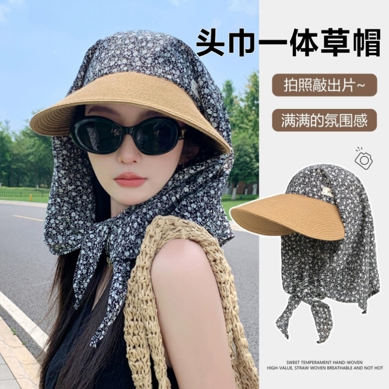夏天防晒头巾帽女士薄款时尚百搭包头帽子户外田园大帽檐遮阳草帽