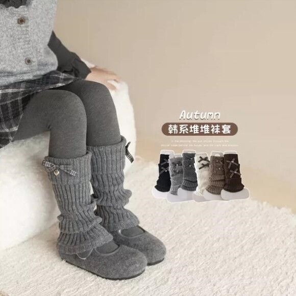女童袜套秋冬季针织儿童护膝保暖小腿套韩系格子蝴蝶结女孩堆堆袜