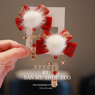 喜庆新年漂亮儿童头饰女孩红色过年古风汉服女童宝宝发饰国风发夹