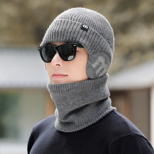 时尚M字母保暖护耳帽子男冬季户外骑行加绒加厚防风毛线针织冷帽
