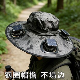 太阳能充电风扇帽户外钓鱼遮阳帽可拆卸内嵌式大沿帽子登山钓鱼帽