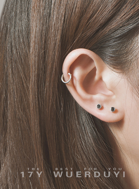 纯银耳钉黑色小钻耳钉多耳洞搭配圆圈耳骨环小耳圈冷淡风简约耳钉