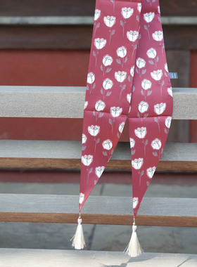 100%真丝斜纹桑蚕丝绸双面双层中国风印花花卉流苏长丝巾飘带