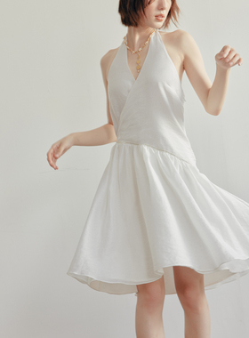 Te by frigidOrg 23早秋航海家系列 交叠V领挂脖绑带天丝连衣裙