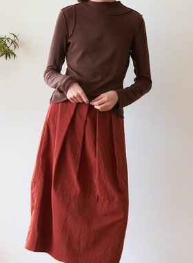 Te by frigidOrg 24秋冬 手工褶花苞百褶红色半裙 节日休闲百搭款