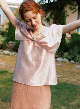 Te by frigidOrg 24夏恋恋夏日莱赛尔舒适蝴蝶结V领短袖上衣甜美