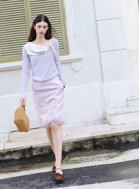 Te by frigid.Org 26早春系列丝巾领浣熊绒毛衣 珠光感鸵鸟毛半裙