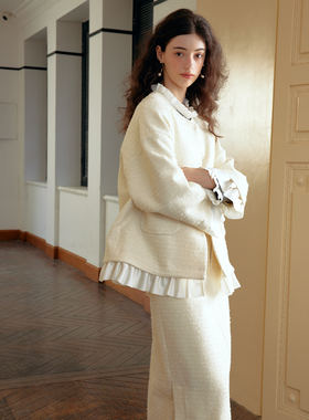 Te by frigidOrg 23秋冬法式可拆卸花边羊毛混纺银丝外套半裙套装