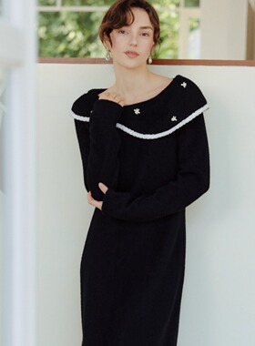 Te by frigidOrg 25秋冬新品波浪弧形雪花针织连衣裙撞色边小黑裙