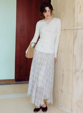 Te by frigid.Org 26早春系列 奶油黄格纹波浪摆雪纺半裙仙女裙