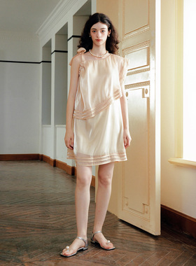 Te by frigidOrg 24早春落日情人风琴褶绑带奶油纱连衣裙亮纱小众