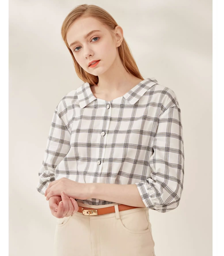 依恋品牌折扣甜美格子纯棉百搭春秋季女士时尚气质衬衫EEBW923W8C